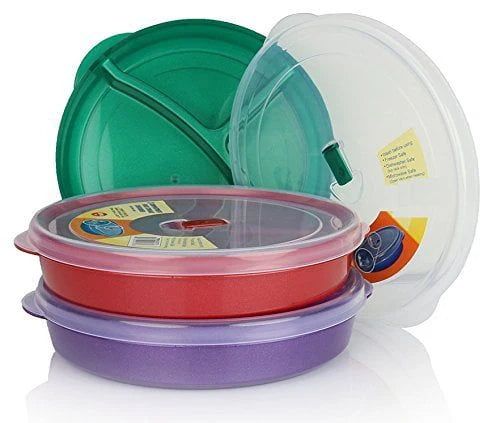(Set of 3) Chef’s 1st Choice Microwave Food Storage Tray Containers – 3 Section / Compartment Divided Plates w/ Vented Lid