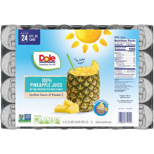(24 cans) Dole All Natural 100% Pineapple Juice, 6 Fl oz