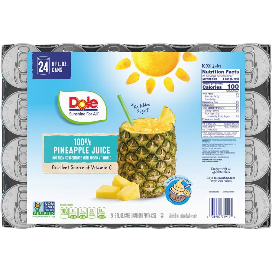 (24 cans) Dole All Natural 100% Pineapple Juice, 6 Fl oz