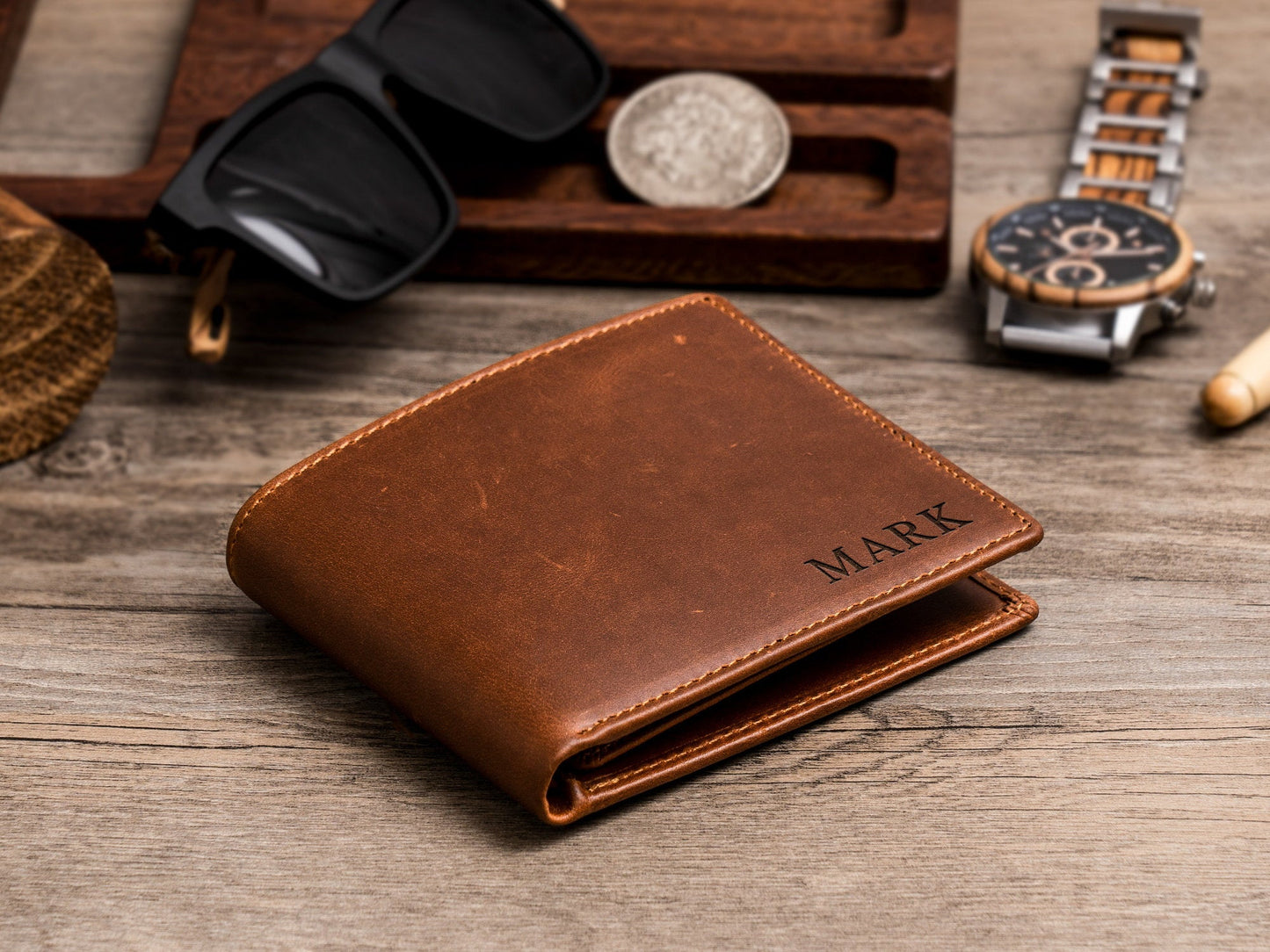 Leather Wallet, Personalized Christmas Gift Mens Wallet, Anniversary Gift for Boyfriend, Son, Man, Him, Husband, Dad, Custom Engraved Wallet
