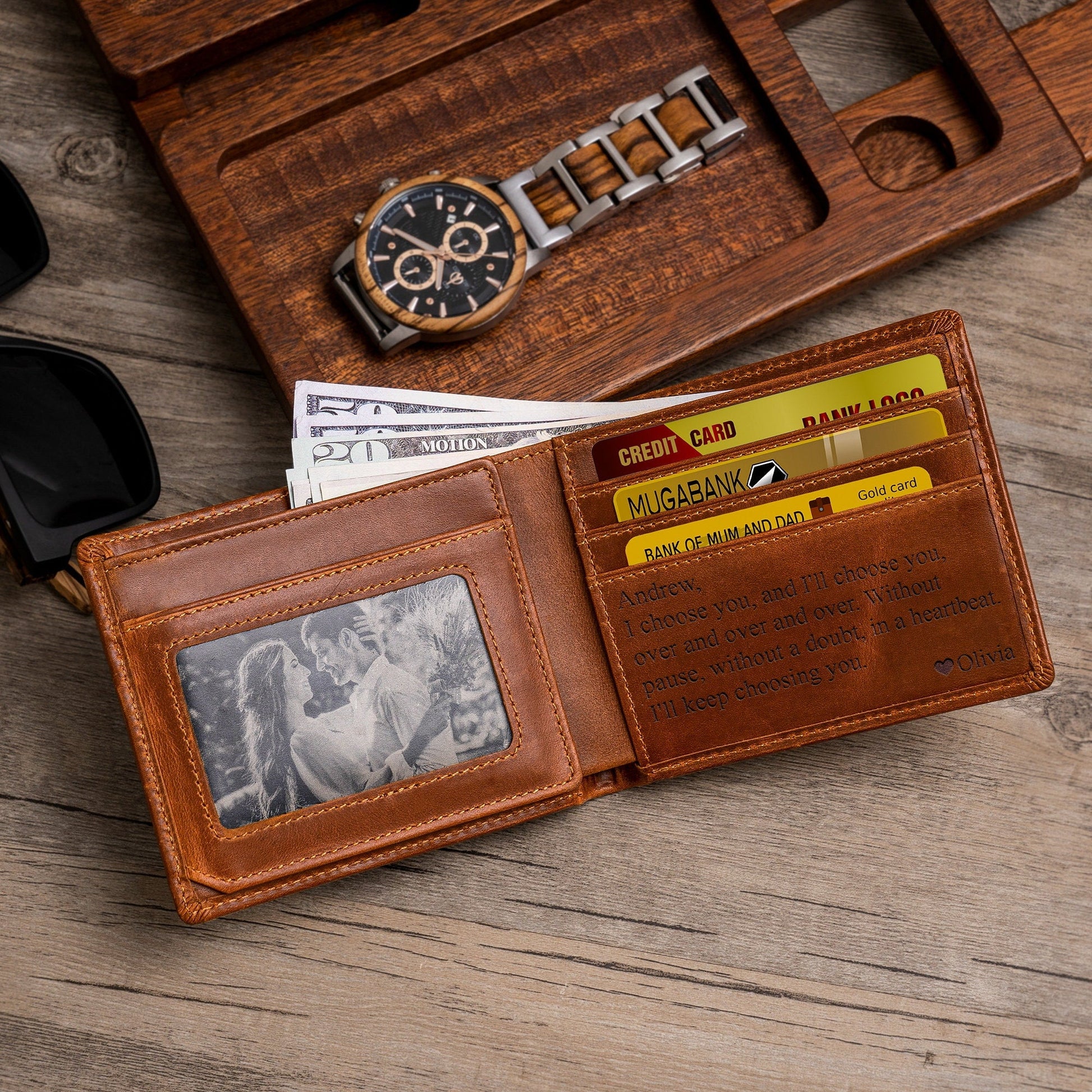 Leather Wallet, Personalized Christmas Gift Mens Wallet, Anniversary Gift for Boyfriend, Son, Man, Him, Husband, Dad, Custom Engraved Wallet