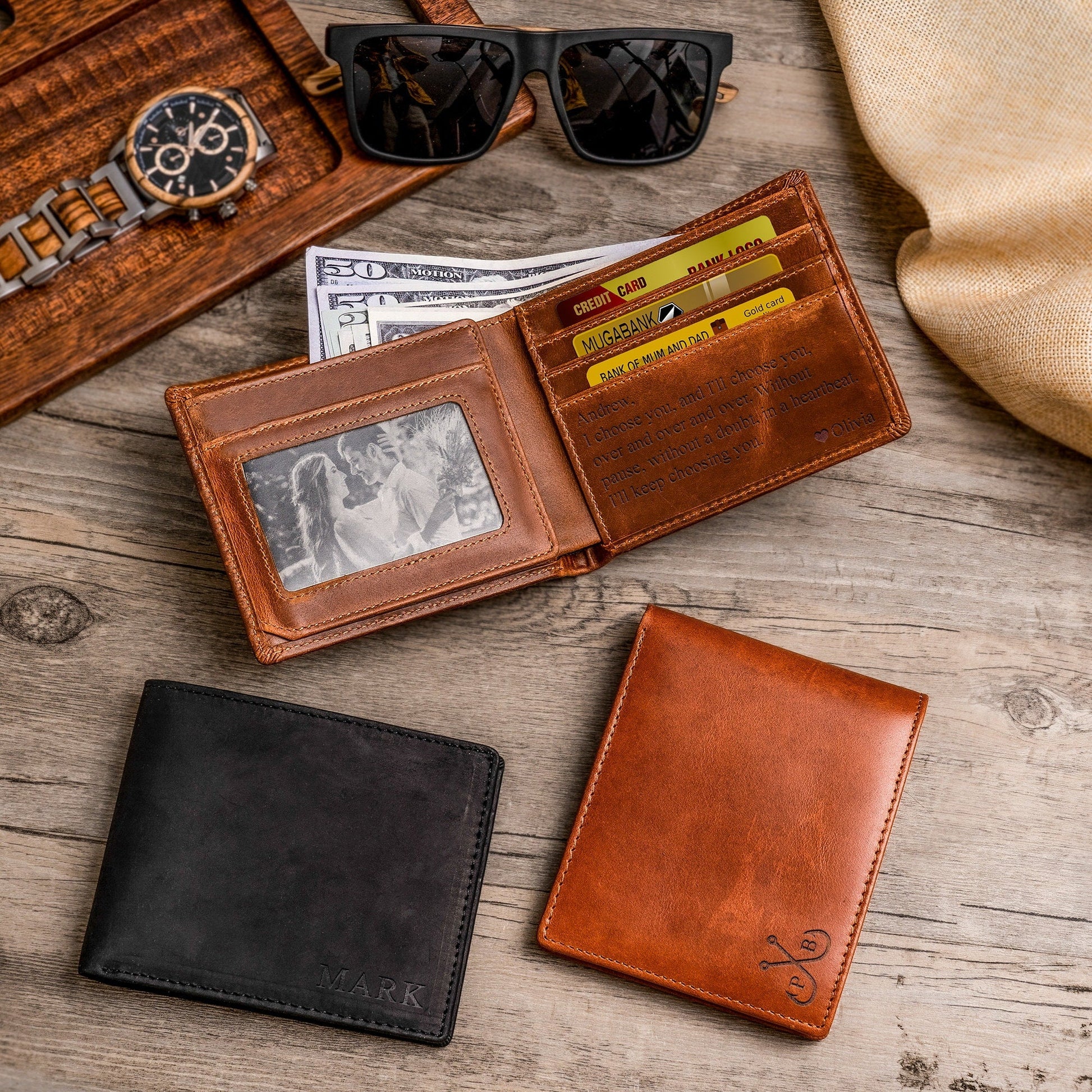 Leather Wallet, Personalized Christmas Gift Mens Wallet, Anniversary Gift for Boyfriend, Son, Man, Him, Husband, Dad, Custom Engraved Wallet