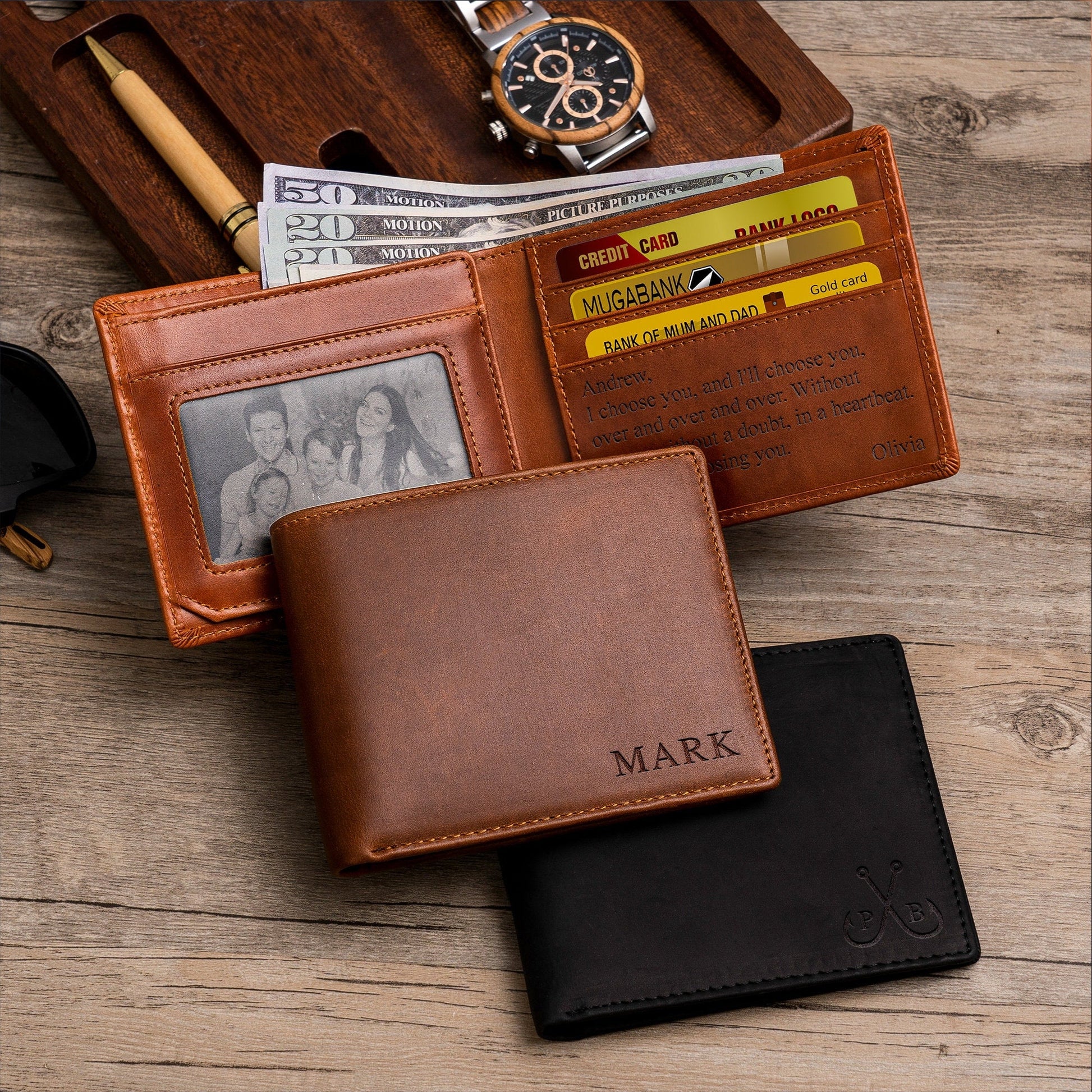 Leather Wallet, Personalized Christmas Gift Mens Wallet, Anniversary Gift for Boyfriend, Son, Man, Him, Husband, Dad, Custom Engraved Wallet