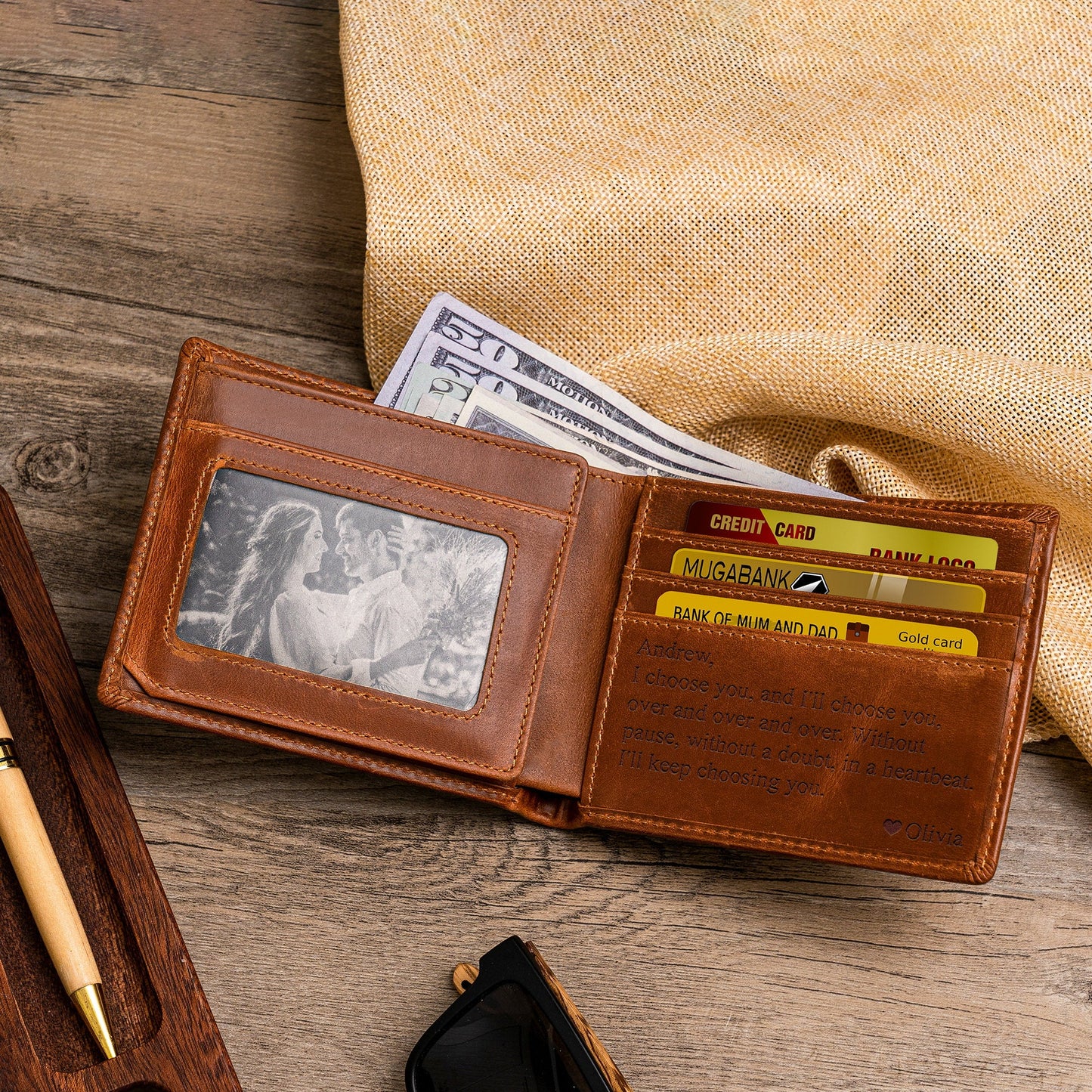 Leather Wallet, Personalized Christmas Gift Mens Wallet, Anniversary Gift for Boyfriend, Son, Man, Him, Husband, Dad, Custom Engraved Wallet