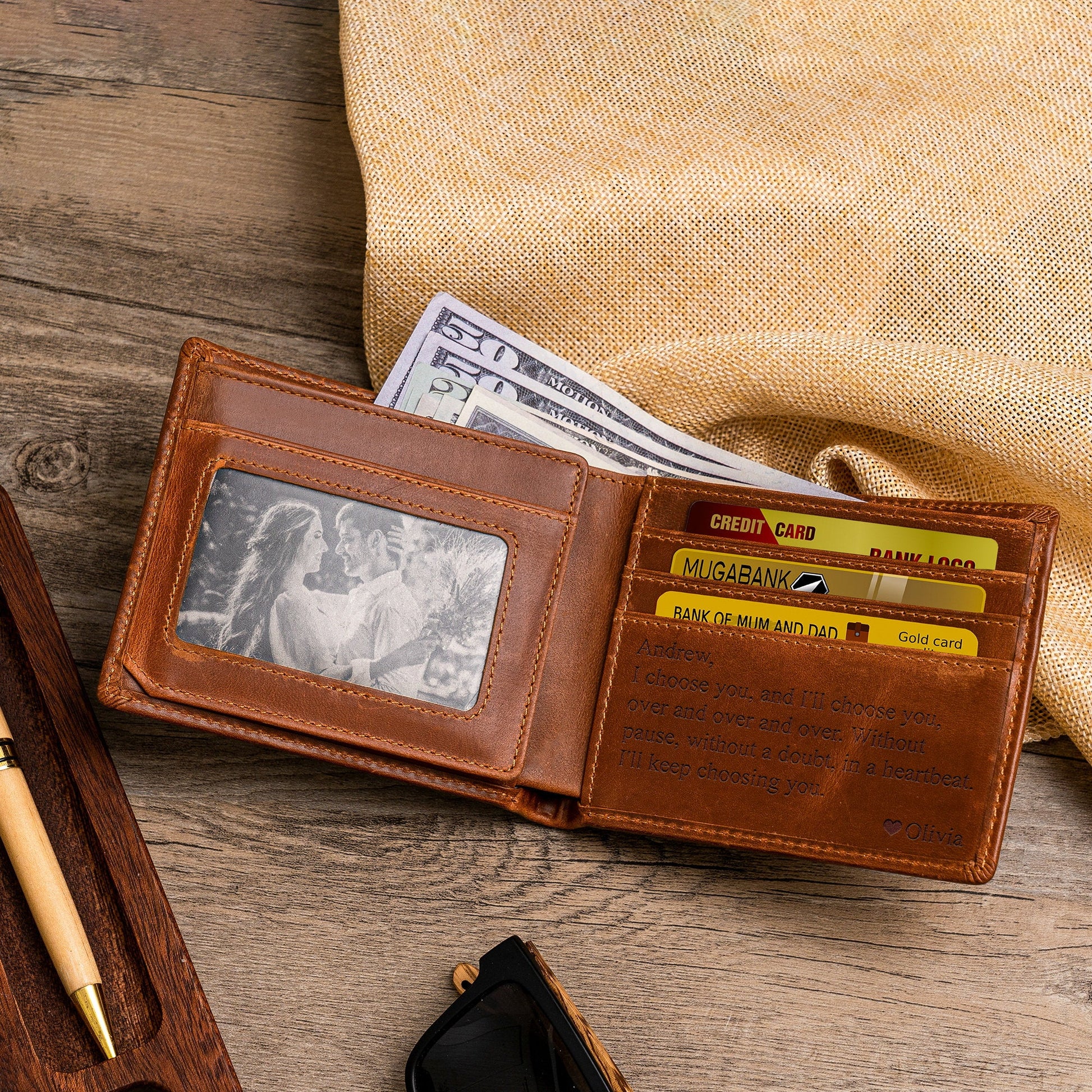 Leather Wallet, Personalized Christmas Gift Mens Wallet, Anniversary Gift for Boyfriend, Son, Man, Him, Husband, Dad, Custom Engraved Wallet