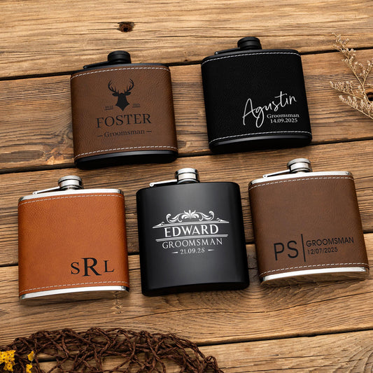 Personalized Leather Flask for Men, Groomsmen Gifts, Custom Groomsman Flask, Best Man Gifts, Groomsmen Proposal, Christmas Gift for Him