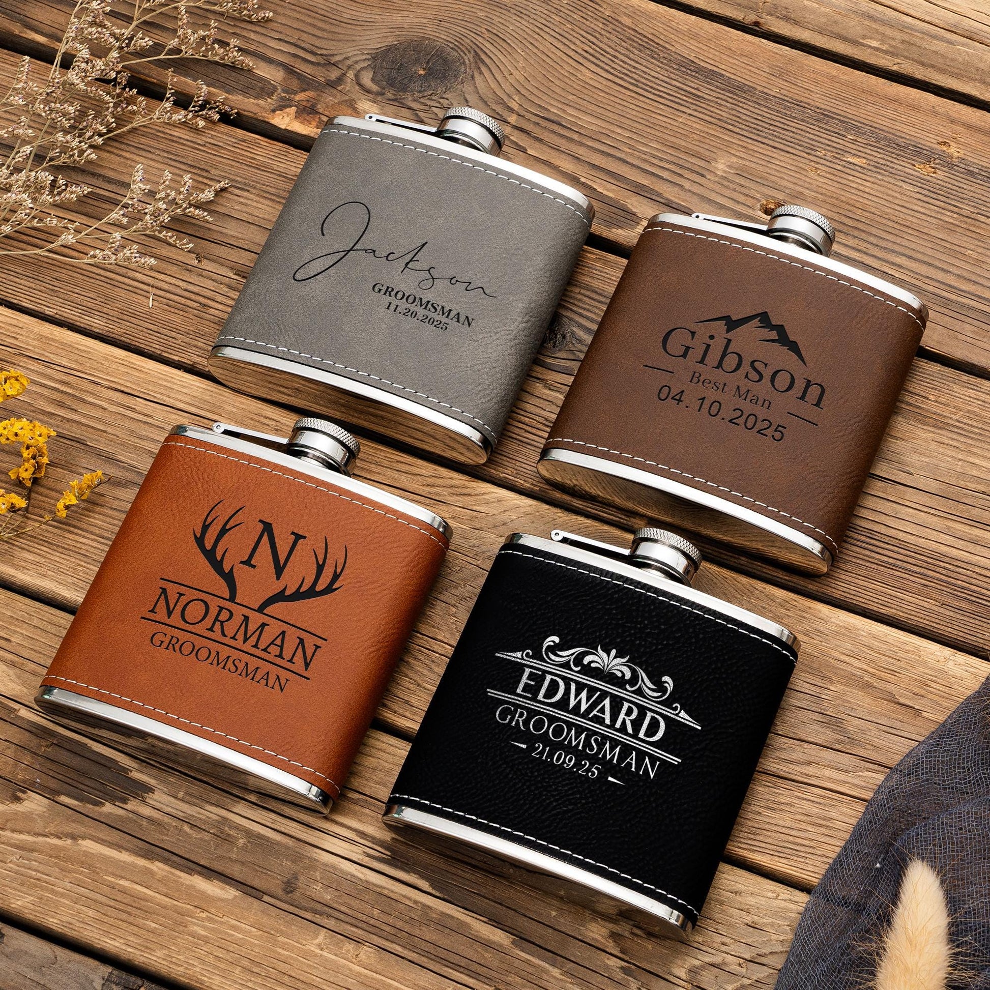 Personalized Leather Flask for Men, Groomsmen Gifts, Custom Groomsman Flask, Best Man Gifts, Groomsmen Proposal, Christmas Gift for Him